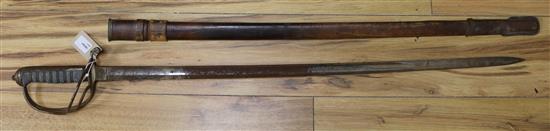 An 1821 pattern WWI George V Royal Artillery officers sword with leather-covered scabbard